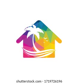 House and the beach with sun and palm tree vector logo design. 