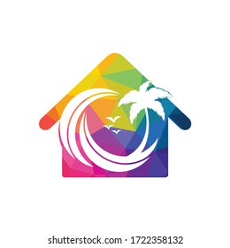 House and the beach with sun and palm tree vector logo design.
