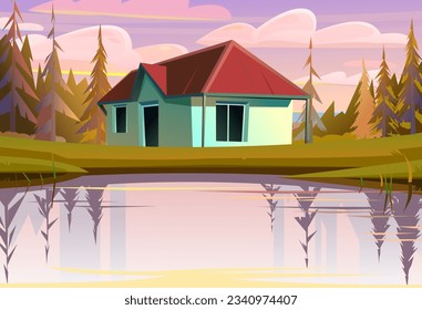 house is beautiful on shore of pond. Evening summer landscape with river, pine trees and water. Fun cartoon style. Vector