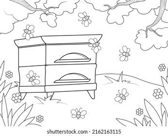 House For Bees, Beehive Stands In The Garden. Page Outline Of Cartoon. Vector Illustration, Coloring Book For Kids.