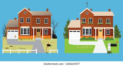 House Before And After Landscaping With Improved Curb Appeal, EPS 8 Vector Illustration