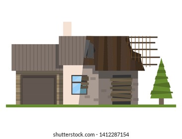 House before and after reconstruction on a white background. Old and new. Vector illustration.