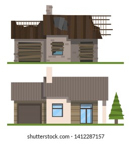 House before and after reconstruction on a white background. Old and new. Vector illustration.