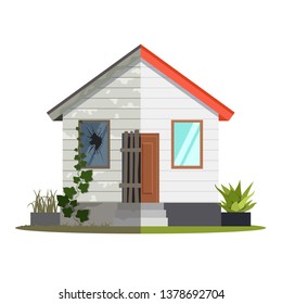 House "before" and "after" repair. flat vector illustration isolated on white background - Vector