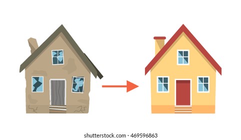 House "before" and "after" repair. flat vector illustration isolated on white background