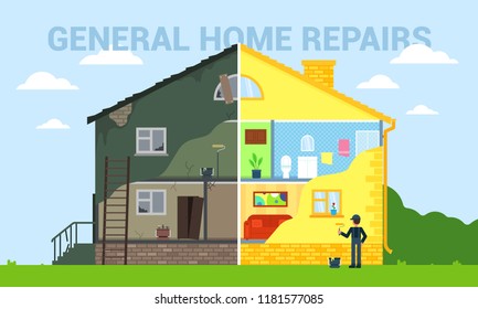 House before and after repair. Home interior renovation. Flat style vector illustration.