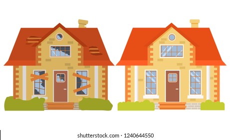 House before and after repair. Old run-down home. Renovation building.Suburban cottage.Isolated vector flat cartoon.