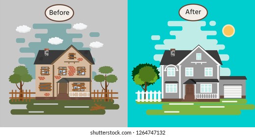 House Before And After Repair. Old Run-down Home. Renovation Building. Vector Illustration. 