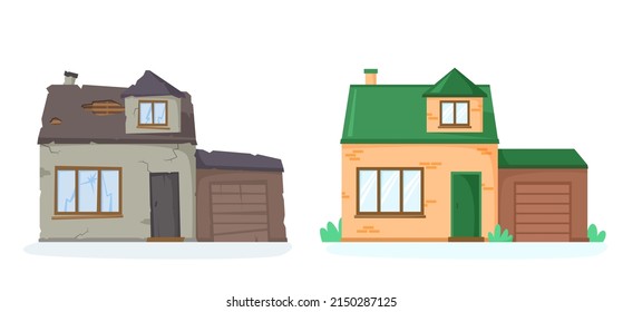 Haus vor und nach der Reparatur. Altes und neues Vorstadthaus. Abgelaufen und renoviert Haus. Umgebautes Ziegelhaus mit Garage. Schönes freistehendes Haus. Vektorgrafik