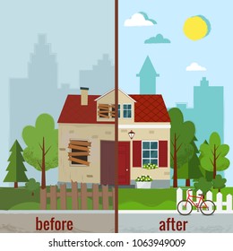 House before and after repair vector illustration. Flat design.