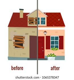 House before and after repair vector illustration. Flat design.