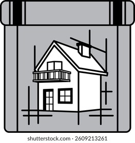 A house is being built in a drawing. The house is white and has a balcony