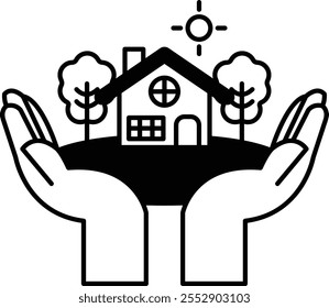 A house is being held in the hands of two people surrounded by trees