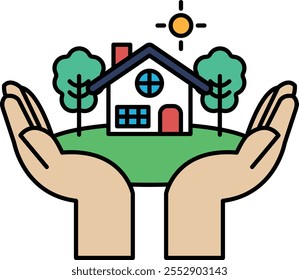 A house is being held in the hands of two people, surrounded by trees and a sunny sky. Concept of warmth, protection, and security, as if the house is being held and cared for by the people