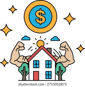 Dos hombres fuertes están levantando una casa, con un Iniciar sesión en el medio. Concepto de fortaleza financiera y poder