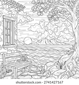 House and bench by the sea. Landscape.Coloring book antistress for children and adults. Illustration isolated on white background.Zen-tangle style. Hand draw