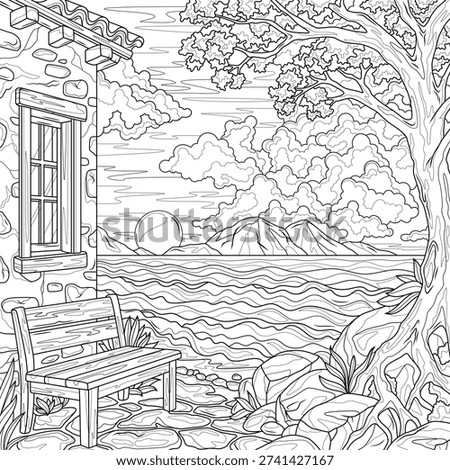 House and bench by the sea. Landscape.Coloring book antistress for children and adults. Illustration isolated on white background.Zen-tangle style. Hand draw