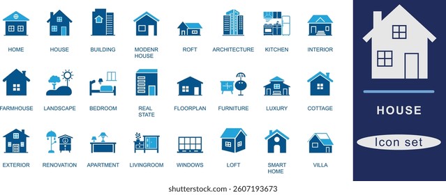 House best icon set. House, Home, Architecture, Building, Cottage, Villa, Floor Plan, Bedroom, Kitchen, Farmhouse, Roof, Real Estate
