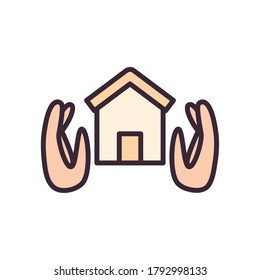 House between hands line and fill style icon design, Home real estate building residential architecture property and city theme Vector illustration