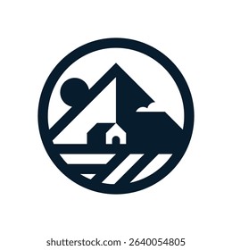 house between mountains and rice fields logo vector