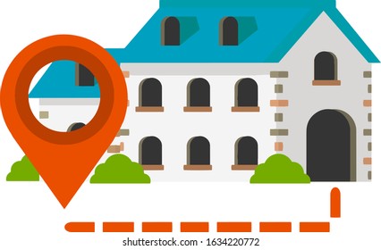 House and big red point of route. Navigation and path. Suburban building. Element of city. Icon for app, gps. Two floors. Cozy house with blue roof. Cartoon flat illustration