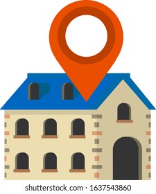 House and big red point of route. Navigation and path. Suburban building. Element of city. Icon for app, gps. Two floors. Cozy house with blue roof. Cartoon flat illustration