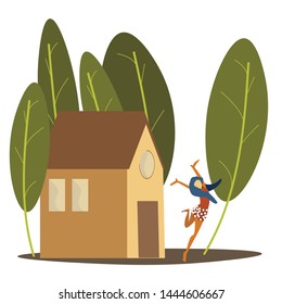 House with big trees and a jumping girl on a white background.