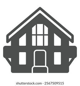 House with big window solid icon, house and interior concept. Vector graphics. Cottage building with balconies sign on white background, glyph style icon for mobile or web design