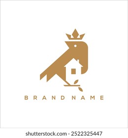pássaro casa com coroa e folhas logotipo do vetor