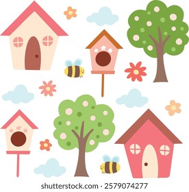 House, bird house, flower, bee, cloud and trees. Springtime hand-drawn doodle sticker. sweet and colorful symbol and element.