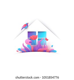 House with bird and flowers modern concept. 