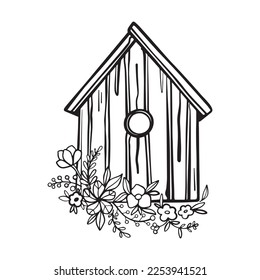House for birds. Wooden birdhouse with flowers. Coloring for a book. Spring vector doodle illustration, hand-drawn on transparent background