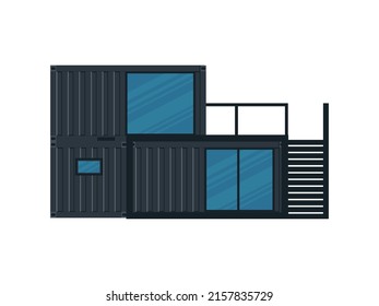 House of black cargo container.Two-storey house out of container for ship isolated on a white background. Vector illustration.