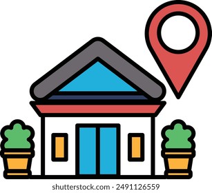 A house with a black and white design and a map of the area. The house is located in a residential area with a few potted plants and a couple of flower pots