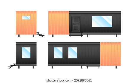 House Of Black And Yellow Cargo Container. Long House Out Of Container For Ship Isolated On A White Background. Wood Tiny Home. EPS 10 Vector Tamplate