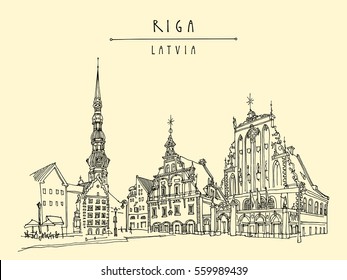 House of the Blackheads, St. Peters Church and statue of Roland in Riga old town, Latvia, Europe. Hand drawn postcard in vector.