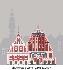 House Of The Blackheads At Town Hall Square in Riga, Latvia. Popular Historical Landmark. Flat vector illustration