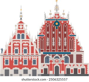 House Of The Blackheads At Town Hall Square in Riga, Latvia. Popular Historical Landmark. Flat vector isolated