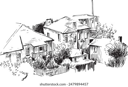 House blocks sketches. Modern small town ink illustration. Ordinary buildings vector drawings. Landscape black and white line illustration. Sketchy hatching. 