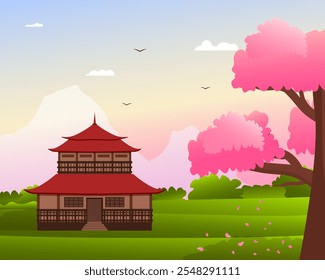House and blooming sakura. Japanese landscape. Eastern culture. Mountains, flying birds and clouds. Gradient. Vector illustration