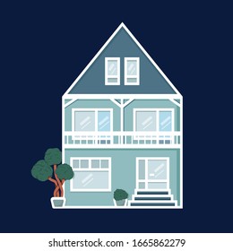 House. Blue background. Windows. Building on the background