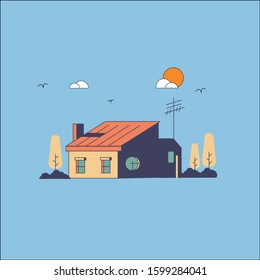 House with blue background.Day,morning,and evening.Vector,Flat design Landscape scenes with eps10