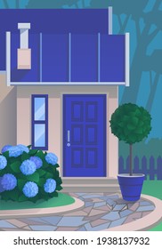 House with blue door and roof. Near the house are flowering blue hortensia and topiary. The stone walkway leads to the house.