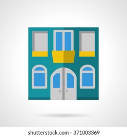 House with blue facade wall, windows, door and yellow balcony. Shop or cafe. Storefronts. Vector icon flat color style. Web design element for site, mobile and business.