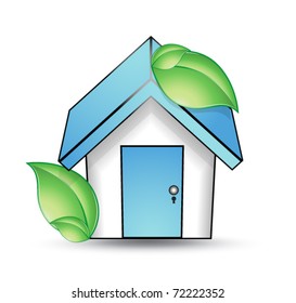 House with a blue roof and green leaf
