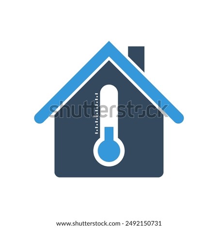 house with blue thermometer icon, summer heat vector pictogram, indoor cool climate control sign