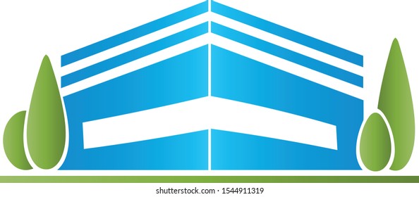 House in blue and trees, real estate logo