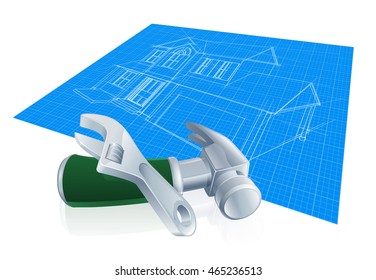 A house blueprint with hammer and spanner tools