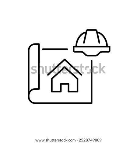 House blueprint and hard hat. Architectural design and construction work. Property investment, real estate building process. Pixel perfect, editable stroke icon