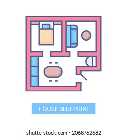 House blueprint - modern line design style icon on white background. Neat detailed apartment layout with four sections - bedroom, living room, toilet and kitchen. Furniture, bed, sofa, table